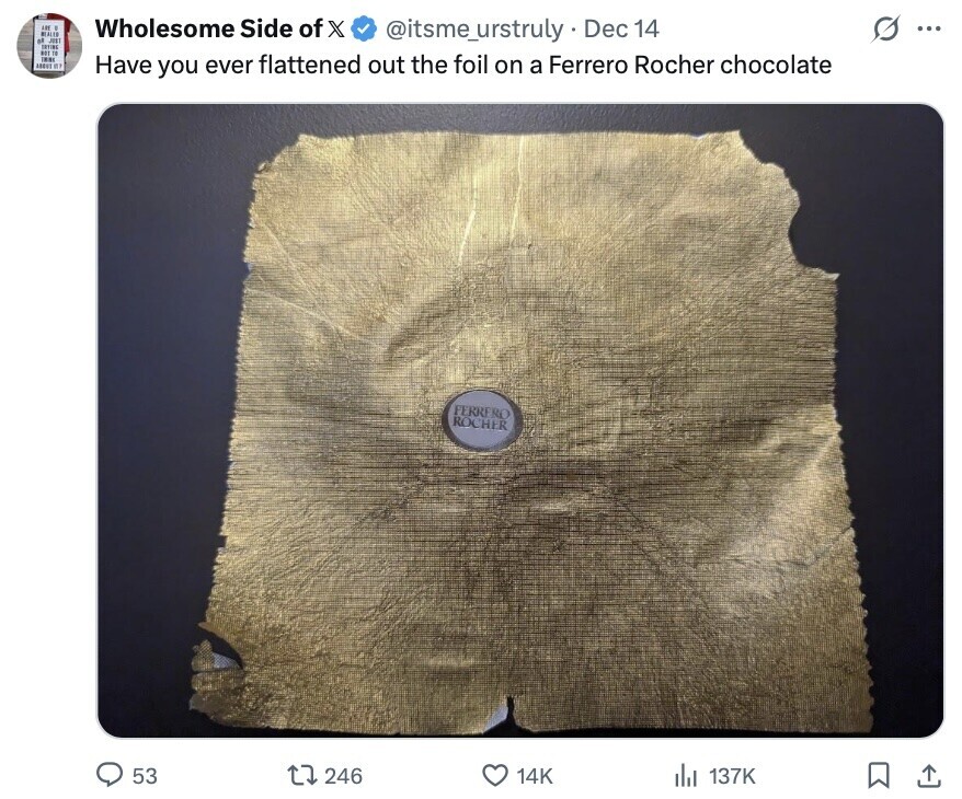 ARE . Wholesome Side of X G @itsme_urstruly - Dec 14 ... REALER of JUST BOT 10 ENTIRE 1881 ABOUT HEP Have you ever flattened out the foil on a Ferrero Rocher chocolate FERRERO ROCHER 53 246 14K 137K