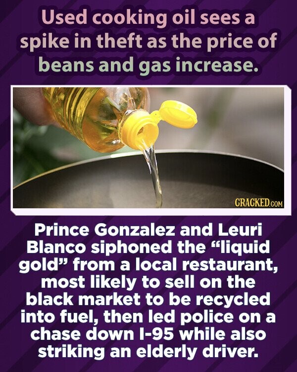 Used cooking oil sees a spike in theft as the price of beans and gas increase. CRACKED.COM Prince Gonzalez and Leuri Blanco siphoned the liquid gold from a local restaurant, most likely to sell on the black market to be recycled into fuel, then led police on a chase down I-95 while also striking an elderly driver.