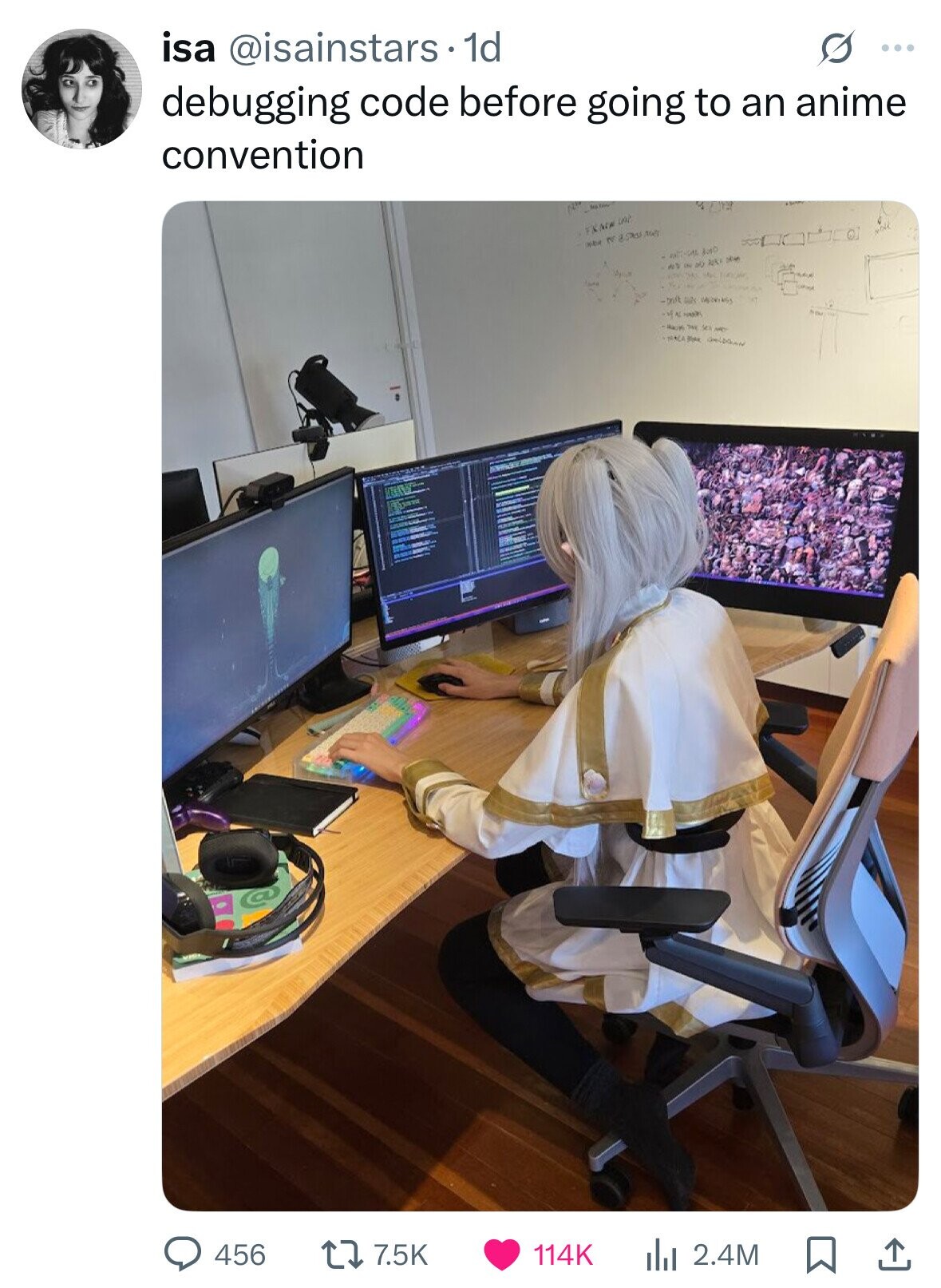 isa @isainstars.1d O ... debugging code before going to an anime convention in العام Los C RIST E 456 7.5K 114K 2.4M 