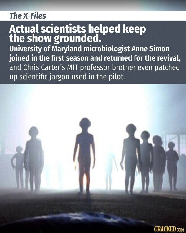 The X-Files Actual scientists helped keep the show grounded. University of Maryland microbiologist Anne Simon joined in the first season and returned for the revival, and Chris Carter's MIT professor brother even patched up scientific jargon used in the pilot. CRACKED.COM