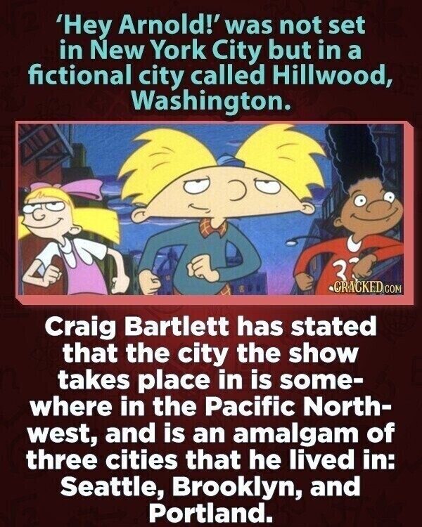 'Hey Arnold!' was not set in New York City but in a fictional city called Hillwood, Washington. 3 CRACKED COM Craig Bartlett has stated that the city the show takes place in is some- where in the Pacific North- west, and is an amalgam of three cities that he lived in: Seattle, Brooklyn, and Portland.