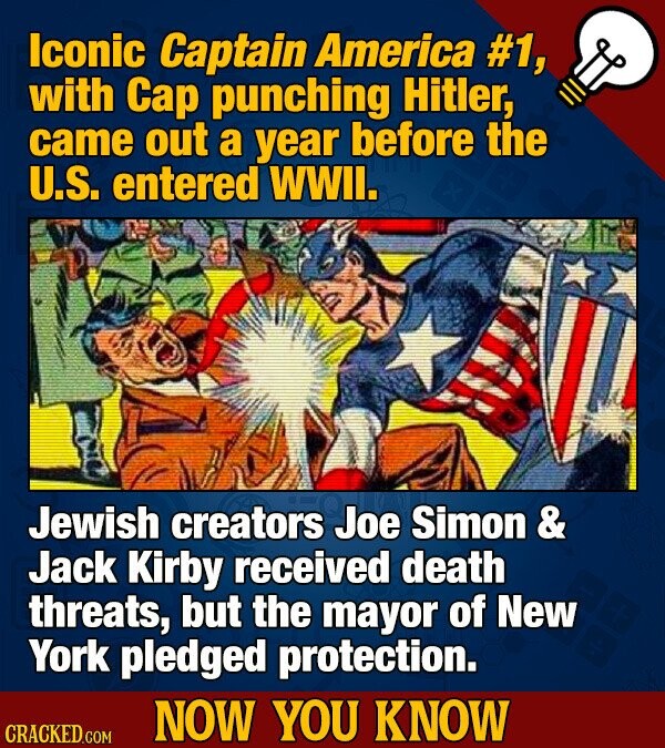 Iconic Captain America #1, with Cap punching Hitler, came out a year before the U.S. entered WWII. Jewish creators Joe Simon & Jack Kirby received death threats, but the mayor of New York pledged protection. NOW YOU KNOW CRACKED.COM