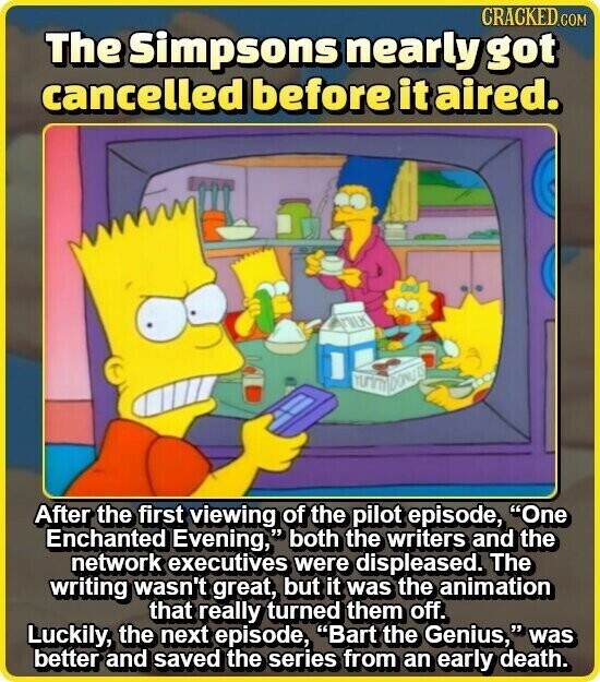 CRACKED COM The Simpsons nearly got cancelled before it aired. PULK After the first viewing of the pilot episode, One Enchanted Evening, both the writers and the network executives were displeased. The writing wasn't great, but it was the animation that really turned them off. Luckily, the next episode, Bart the Genius, was better and saved the series from an early death.