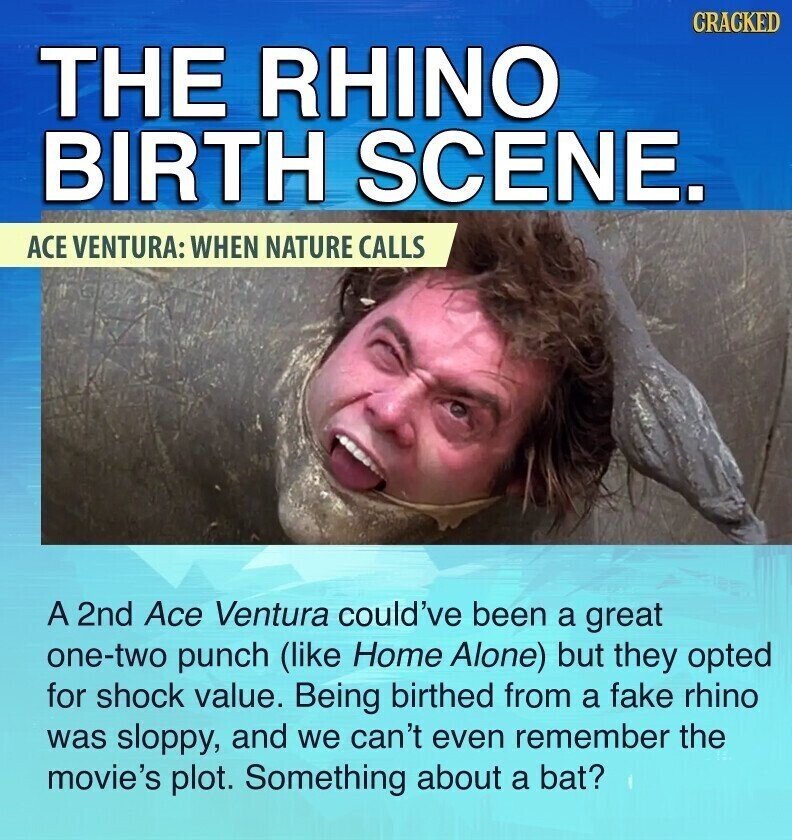 CRACKED THE RHINO BIRTH SCENE. ACE VENTURA: WHEN NATURE CALLS A 2nd Ace Ventura could've been a great one-two punch (like Home Alone) but they opted for shock value. Being birthed from a fake rhino was sloppy, and we can't even remember the movie's plot. Something about a bat?