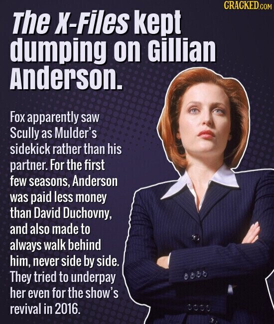 CRACKED.COM The X-Files kept dumping on Gillian Anderson. Fox apparently saw Scully as Mulder's sidekick rather than his partner. For the first few seasons, Anderson was paid less money than David Duchovny, and also made to always walk behind him, never side by side. They tried to underpay her even for the show's revival in 2016.
