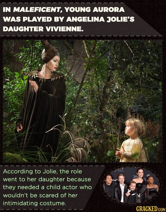 IN MALEFICENT, YOUNG AURORA WAS PLAYED BY ANGELINA JOLIE'S DAUGHTER VIVIENNE. According to Jolie, the role OF EVIL went to her daughter because Dis they needed a child actor who wouldn't be scared of her intimidating costume. CRACKED.COM