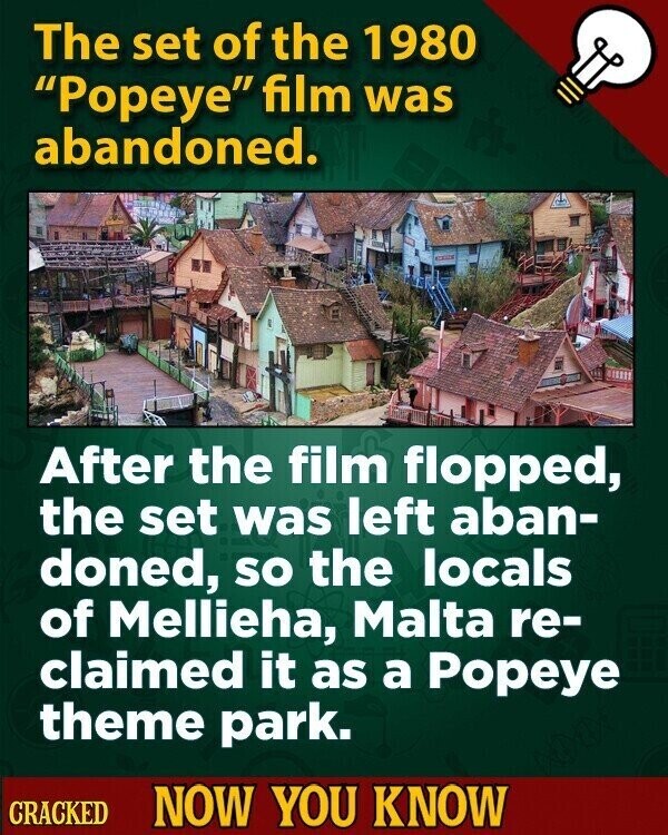 The set of the 1980 Popeye film was abandoned. After the film flopped, the set was left aban- doned, so the locals of Mellieha, Malta re- claimed it as a Popeye theme park. CRACKED NOW YOU KNOW