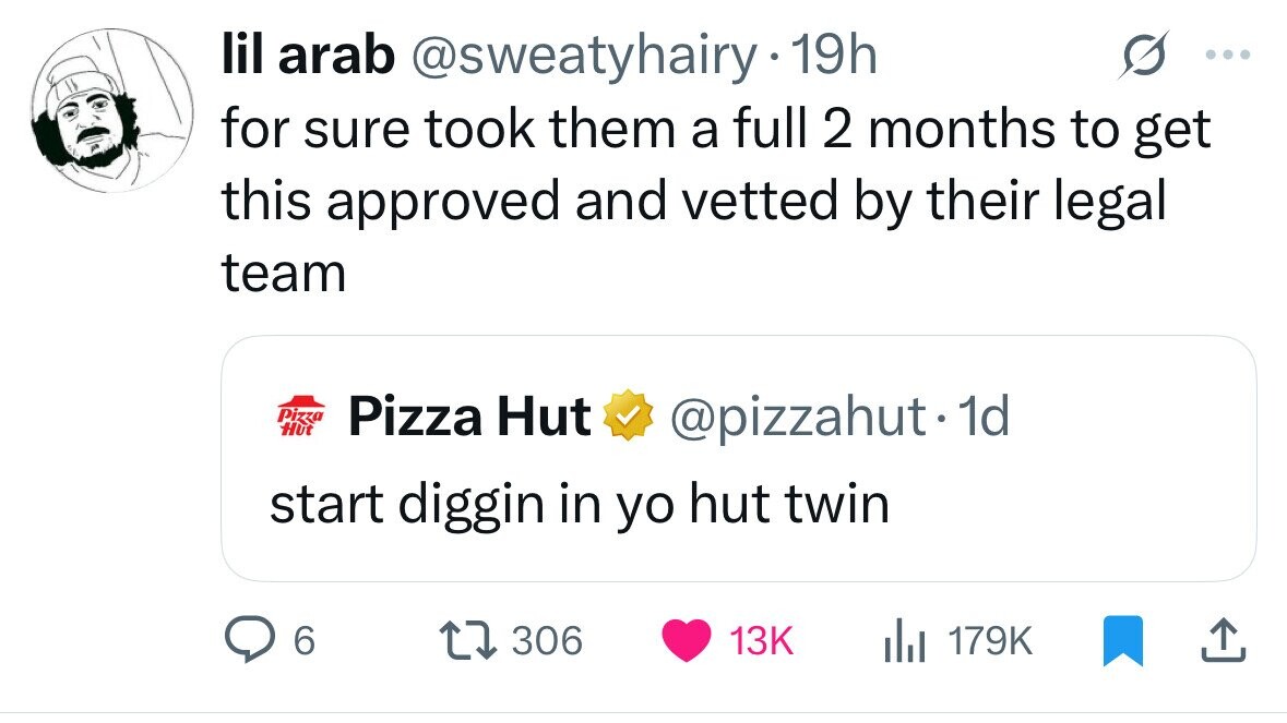lil arab @sweatyhairy 19h ... for sure took them a full 2 months to get this approved and vetted by their legal team Pizza Hut Pizza Hut @pizzahut. 1d start diggin in yo hut twin 6 306 13K del 179K