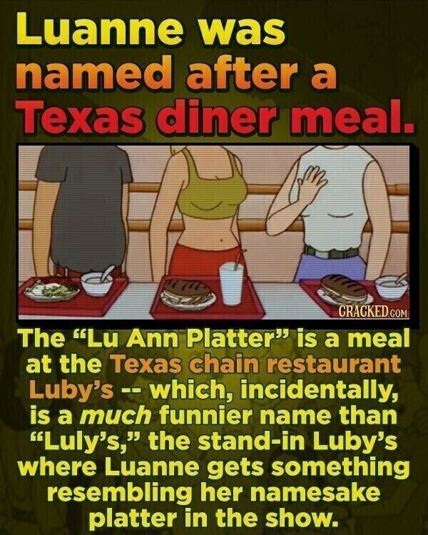Luanne was named after a Texas diner meal. CRACKED.COM The Lu Ann Platter is a meal at the Texas chain restaurant Luby's ---which, incidentally, is a much funnier name than Luly's, the stand-in Luby's where Luanne gets something resembling her namesake platter in the show.