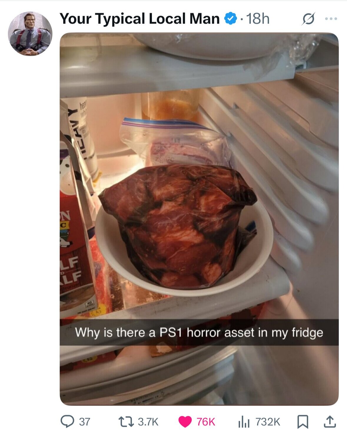 Your Typical Local Man 18h ... hea 10r ICHV N C LF LF leurized 40 - - - - Why is there a PS1 horror asset in my fridge 37 3.7K 76K 732K