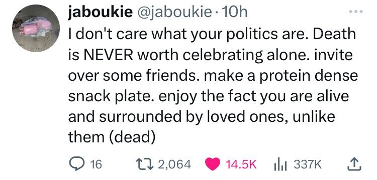 jaboukie @jaboukie 10h I don't care what your politics are. Death is NEVER worth celebrating alone. invite over some friends. make a protein dense snack plate. enjoy the fact you are alive and surrounded by loved ones, unlike them (dead) 16 2,064 14.5K 337K 