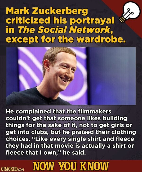 Mark Zuckerberg criticized his portrayal in The Social Network, except for the wardrobe. Не complained that the filmmakers couldn't get that someone likes building things for the sake of it, not to get girls or get into clubs, but he praised their clothing choices. Like every single shirt and fleece they had in that movie is actually a shirt or fleece that I own, he said. NOW YOU KNOW CRACKED.COM