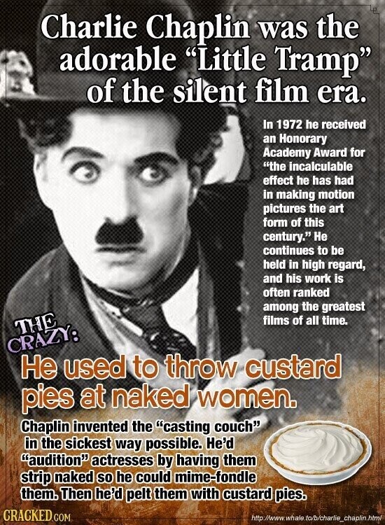 Charlie Chaplin was the adorable Little Tramp of the silent film era. In 1972 he received an Honorary Academy Award for the incalculable effect he has had in making motion pictures the art form of this century. Не continues to be held in high regard, and his work is often ranked among the greatest films of all time. THE CRAZY: Не used to throw custard pies at naked women. Chaplin invented the casting couch in the sickest way possible. He'd audition actresses by having them strip naked so he could mime-fondle them. Then he'd pelt them with custard pies. CRACKED.COM
