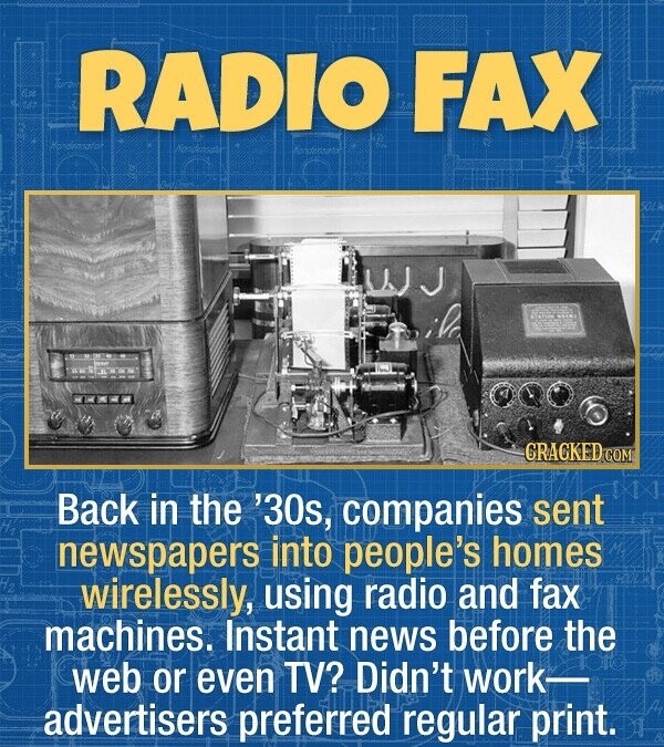RADIO FAX Hendensato CRACKEDC Back in the '30s, companies sent newspapers into people's homes wirelessly, using radio and fax machines. Instant news b