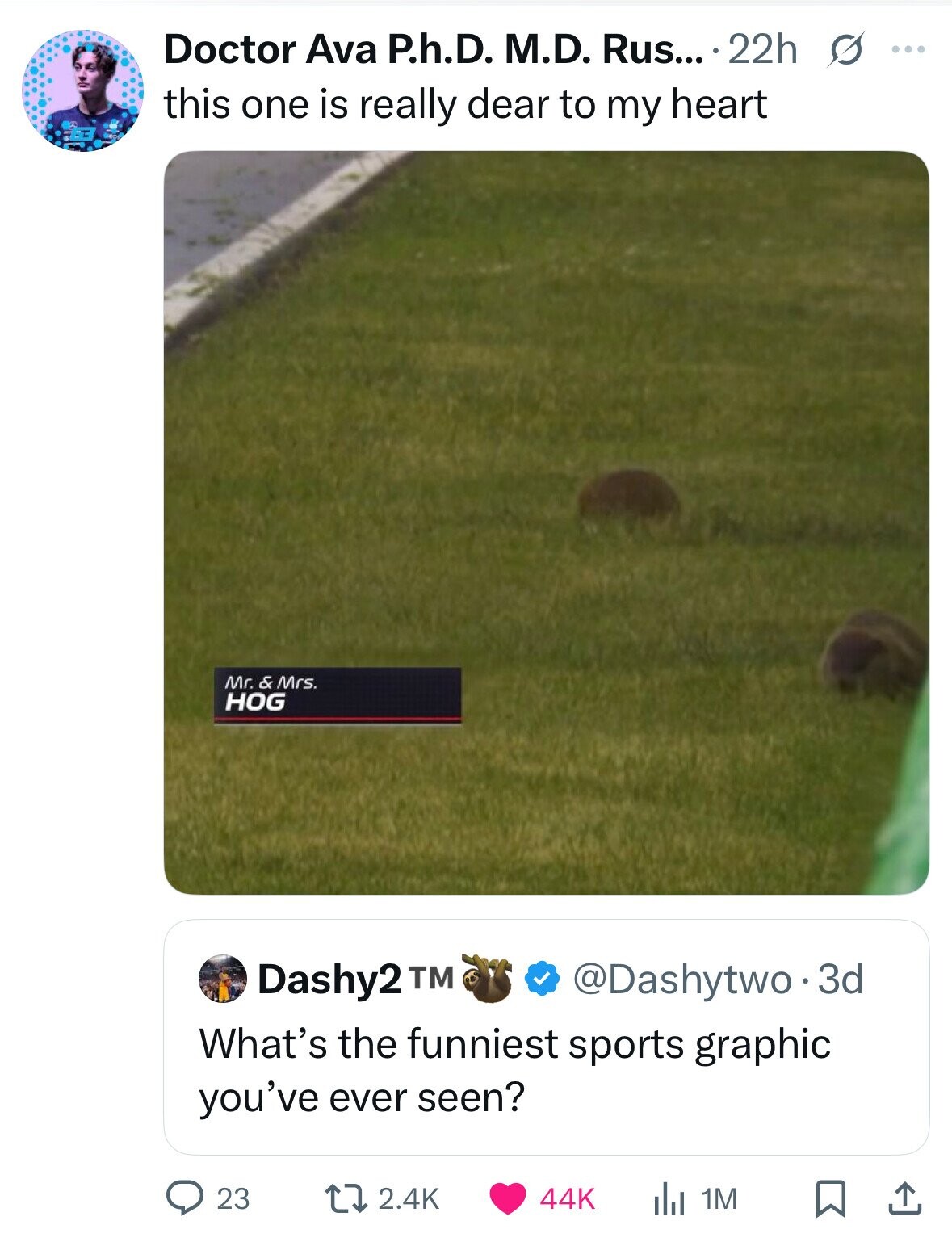 Doctor Ava P.h.D. M.D. Rus... 22h s ... this one is really dear to my heart Mr. & Mrs. HOG Dashy2 TM @Dashytwo.3d What's the funniest sports graphic you've ever seen? 23 2.4K 44K 1M 