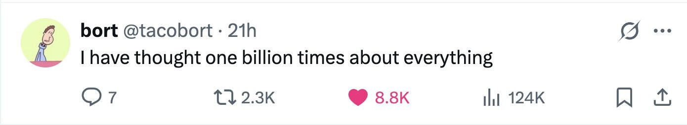bort @tacobort.2 21h ... I have thought one billion times about everything 7 2.3K 8.8K del 124K 
