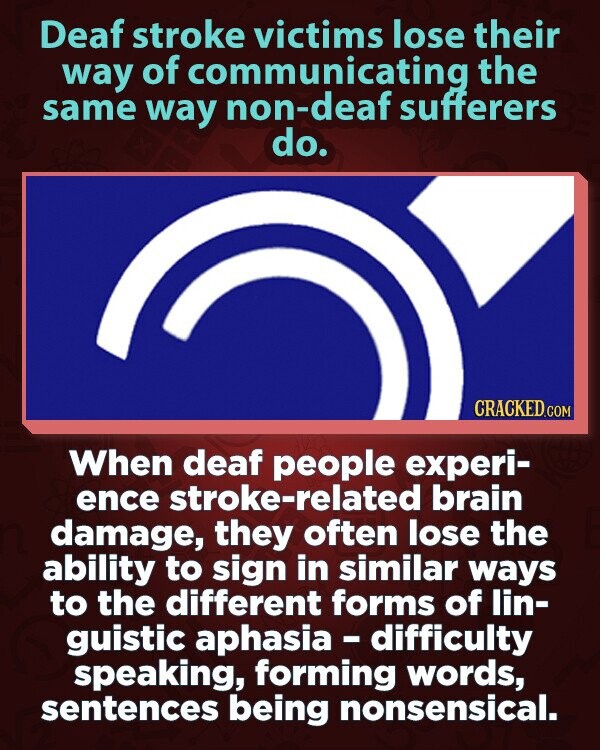 Deaf stroke victims lose their way of communicating the same way non-deaf sufferers do. CRACKED.COM When deaf people experi- ence stroke-related brain damage, they often lose the ability to sign in similar ways to the different forms of lin- guistic aphasia - difficulty speaking, forming words, sentences being nonsensical.