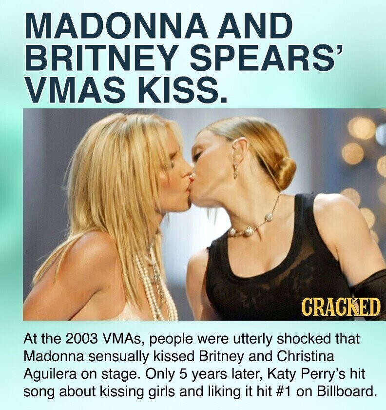 MADONNA AND BRITNEY SPEARS' VMAS KISS. CRACKED At the 2003 VMAs, people were utterly shocked that Madonna sensually kissed Britney and Christina Aguilera on stage. Only 5 years later, Katy Perry's hit song about kissing girls and liking it hit #1 on Billboard.