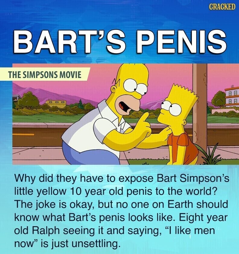 CRACKED BART'S PENIS THE SIMPSONS MOVIE Why did they have to expose Bart Simpson's little yellow 10 year old penis to the world? The joke is okay, but no one on Earth should know what Bart's penis looks like. Eight year old Ralph seeing it and saying, I like men now is just unsettling.