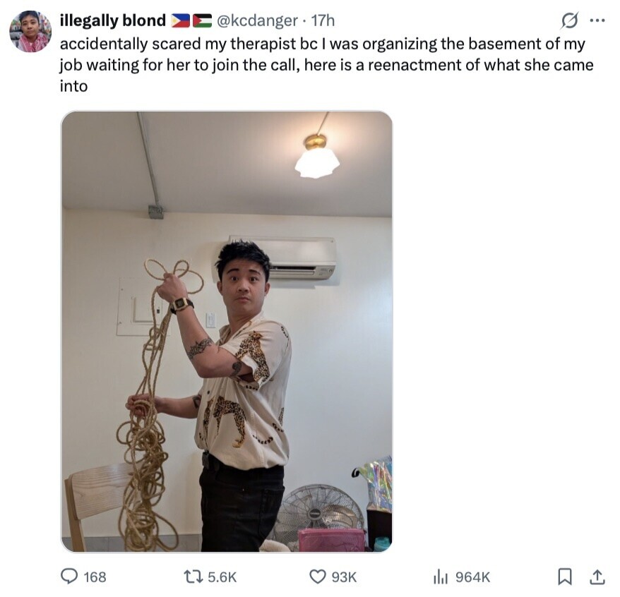 s ... illegally blond @kcdanger 17h accidentally scared my therapist bc I was organizing the basement of my job waiting for her to join the call, here is a reenactment of what she came into 168 5.6K 93K del 964K 