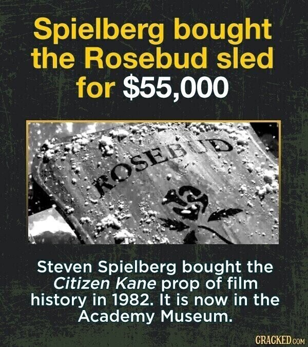 Spielberg bought the Rosebud sled for $55,000 ROSEBUD Steven Spielberg bought the Citizen Kane prop of film history in 1982. It is now in the Academy Museum. CRACKED.COM
