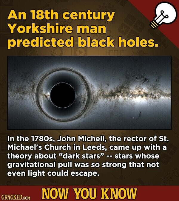 An 18th century Yorkshire man x predicted black holes. In the 1780s, John Michell, the rector of St. Michael's Church in Leeds, came up with a theory about dark stars -- stars whose gravitational pull was so strong that not even light could escape. NOW YOU KNOW CRACKED.COM