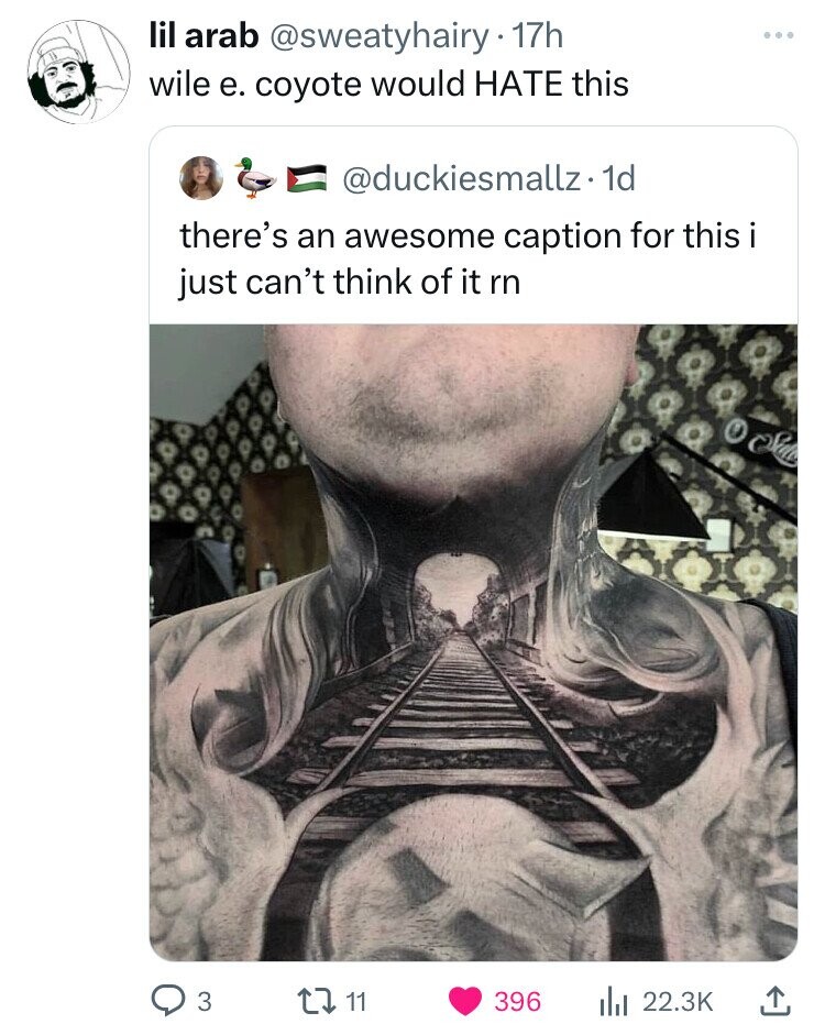 lil arab @sweatyhairy 17h wile e. coyote would HATE this @duckiesmallz. dd there's an awesome caption for this just can't think of it rn 3 11 396 22.3K
