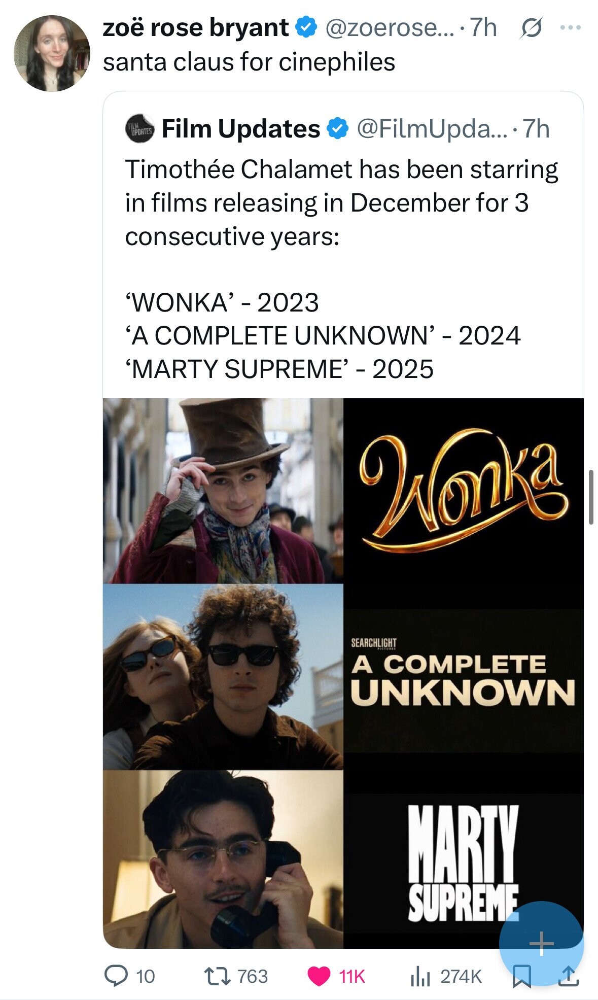 zoë rose bryant @zoerose... 7h s ... santa claus for cinephiles FILM UPDATES Film Updates @FilmUpda....7h Timothée Chalamet has been starring in films releasing in December for 3 consecutive years: 'WONKA'-2023 'A COMPLETE UNKNOWN'-2024 'MARTY SUPREME' - 2025 Wonka SEARCHLIGHT A COMPLETE UNKNOWN MARTY SUPREME + 10 763 11K del 274K 