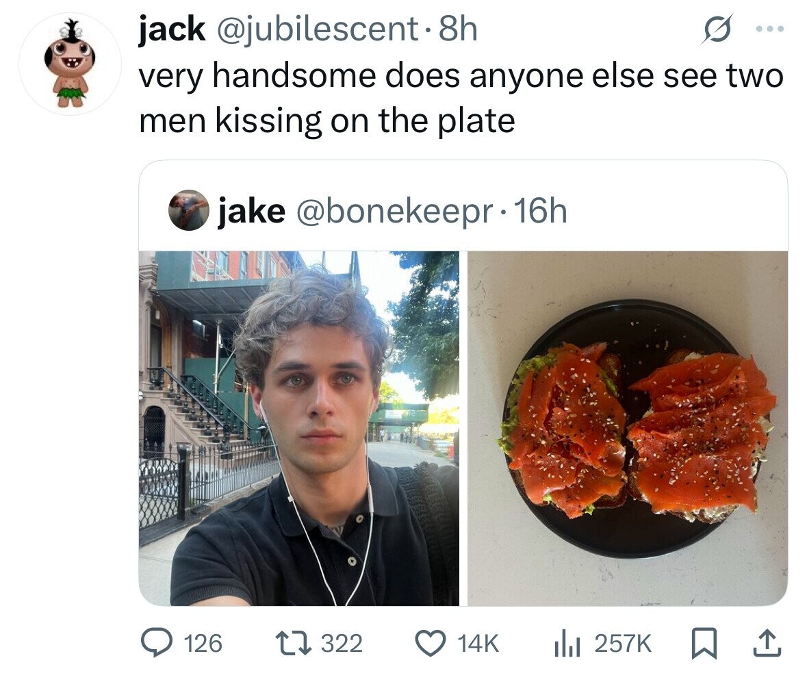 jack @jubilescent.8h ... very handsome does anyone else see two men kissing on the plate jake @bonekeepr 16h 126 322 14K del 257K 