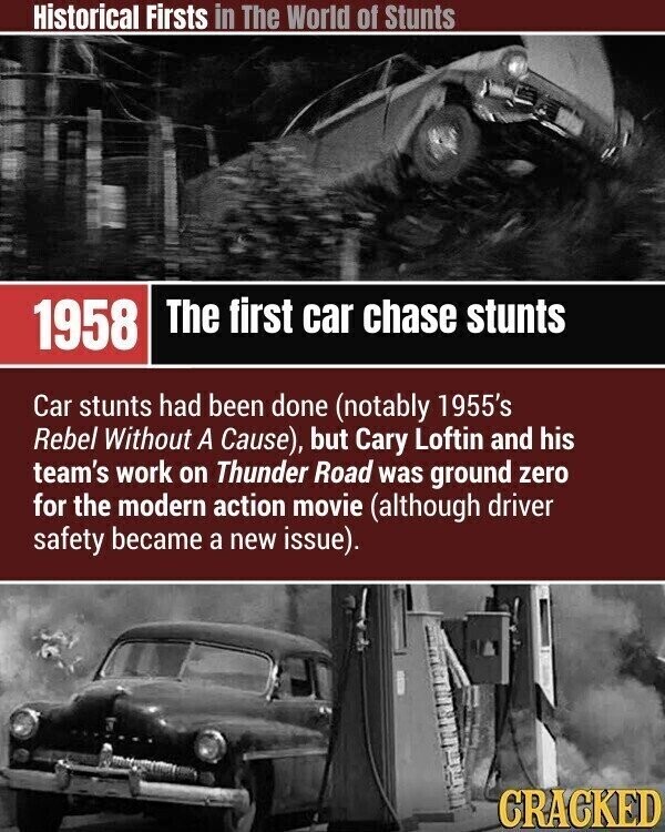 Historical Firsts in The World of Stunts The first car chase stunts 1958 Car stunts had been done (notably 1955's Rebel Without A Cause), but Cary Loftin and his team's work on Thunder Road was ground zero for the modern action movie (although driver safety became a new issue). CRACKED
