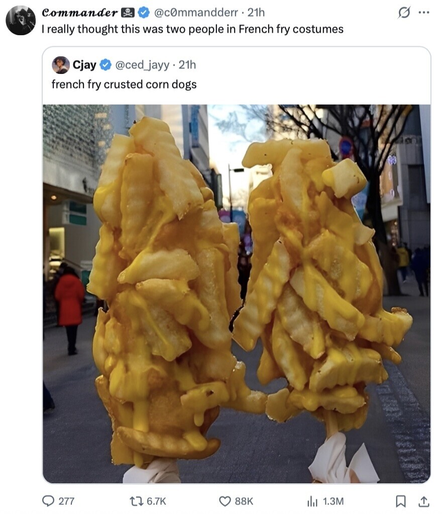 Commander @c0mmandderr. 21h s ... I really thought this was two people in French fry costumes Cjay @ced_jayy.21h french fry crusted corn dogs 277 6.7K 88K 1.3M