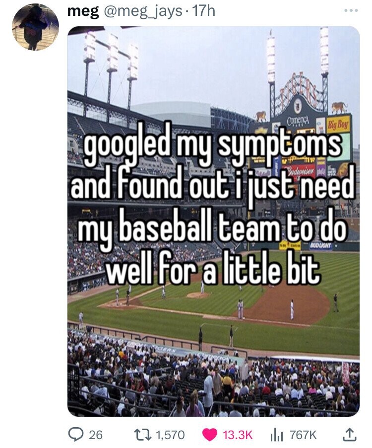 meg @meg_jays 17h Comence googled my symptoms MV - Big Boy t need and found out i just FREED MAIS my baseball team WA to - e BUDLIGHT do well for a little bit RGERS 26 1,570 13.3K 767K 