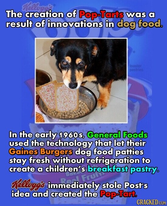 Kellogg's The creation of Pop-Tarts was a result of innovations in dog food. toaster pastries In the early 1960s, General Foods used the technology that let their Gaines Burgers dog food patties stay fresh without refrigeration to create a children's breakfast pastry. Real Frun Kellogg's immediately stole Post's idea and created the Pop-Tart. CRACKED COM