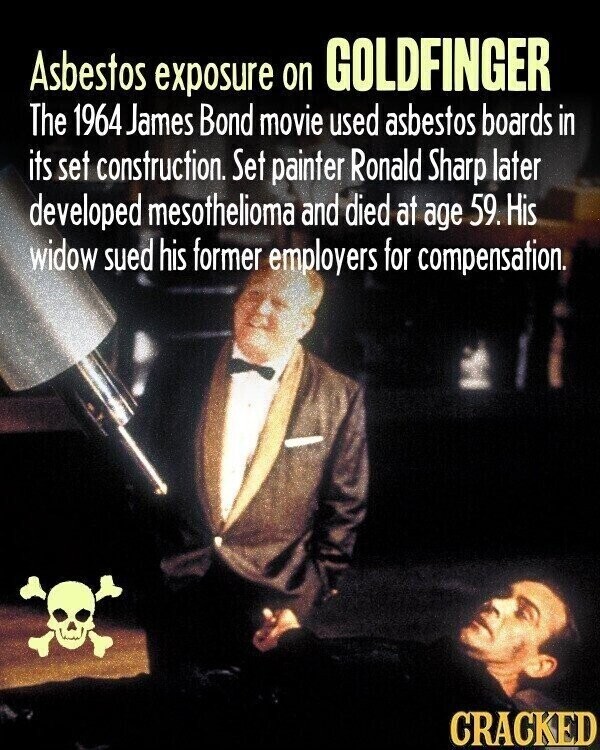 Asbestos exposure on GOLDFINGER The 1964 James Bond movie used asbestos boards in its set construction. Set painter Ronald Sharp later developed mesothelioma and died at age 59. His widow sued his former employers for compensation. CRACKED