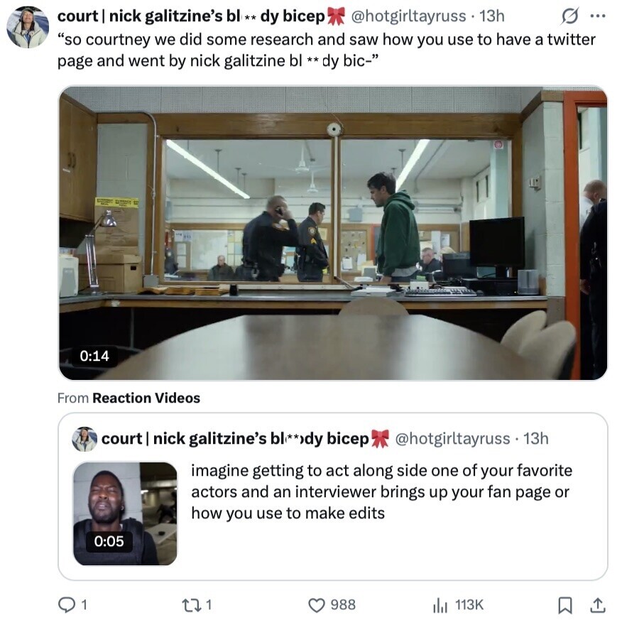 court nick galitzine's bl ** dy bicep @hotgirltayruss 13h s ... so courtney we did some research and saw how you use to have a twitter page and went by nick galitzine bl **dy bic- - 0:14 From Reaction Videos court nick galitzine's bl**dy bicep @hotgirltayruss 13h imagine getting to act along side one of your favorite actors and an interviewer brings up your fan page or how you use to make edits 0:05 1 1 988 113K