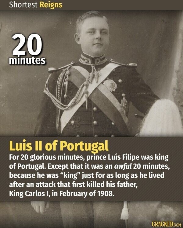 Shortest Reigns 20 minutes Luis II of Portugal For 20 glorious minutes, prince Luís Filipe was king of Portugal. Except that it was an awful 20 minutes, because he was king just for as long as he lived after an attack that first killed his father, King Carlos I, in February of 1908. CRACKED.COM