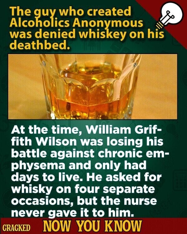 The guy who created Alcoholics Anonymous was denied whiskey on his deathbed. At the time, William Grif- fith Wilson was losing his battle against chronic em- physema and only had days to live. Не asked for whisky on four separate occasions, but the nurse never gave it to him. CRACKED NOW YOU KNOW