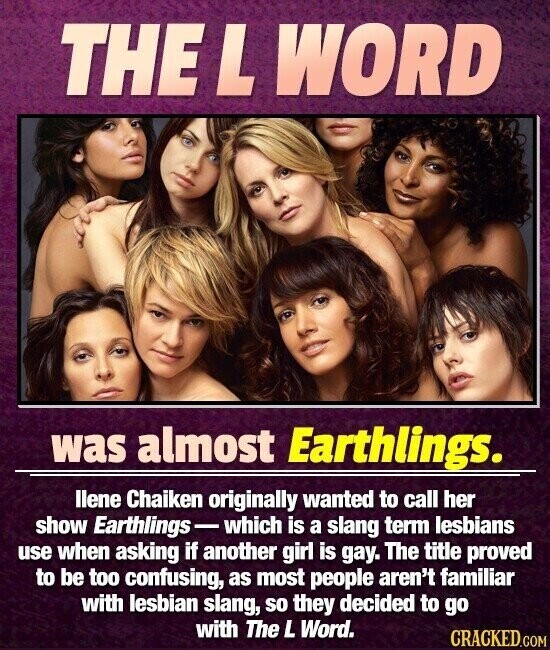 THE L WORD was almost Earthlings. llene Chaiken originally wanted to call her show Earthlings-which is a slang term lesbians use when asking if another girl is gay. The title proved to be too confusing, as most people aren't familiar with lesbian slang, so they decided to go with The L Word. CRACKED.COM