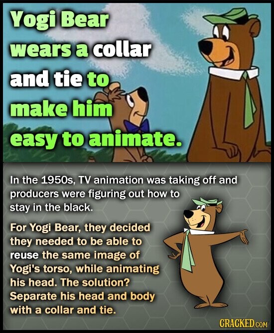 Yogi Bear wears a collar and tie to make him easy to animate. In the 1950s, TV animation was taking off and producers were figuring out how to stay in the black. For Yogi Bear, they decided they needed to be able to reuse the same image of Yogi's torso, while animating his head. The solution? Separate his head and body with a collar and tie. CRACKED.COM