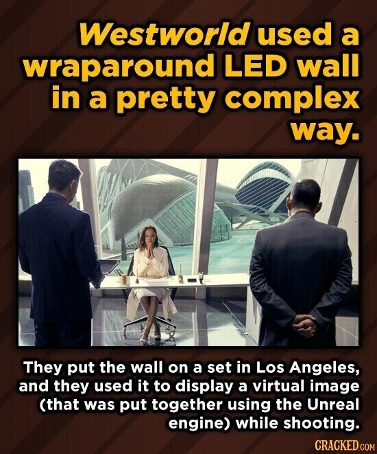 Westworld used a wraparound LED wall in a pretty complex way. They put the wall on a set in Los Angeles, and they used it to display a virtual image (that was put together using the Unreal engine) while shooting. CRACKED.COM