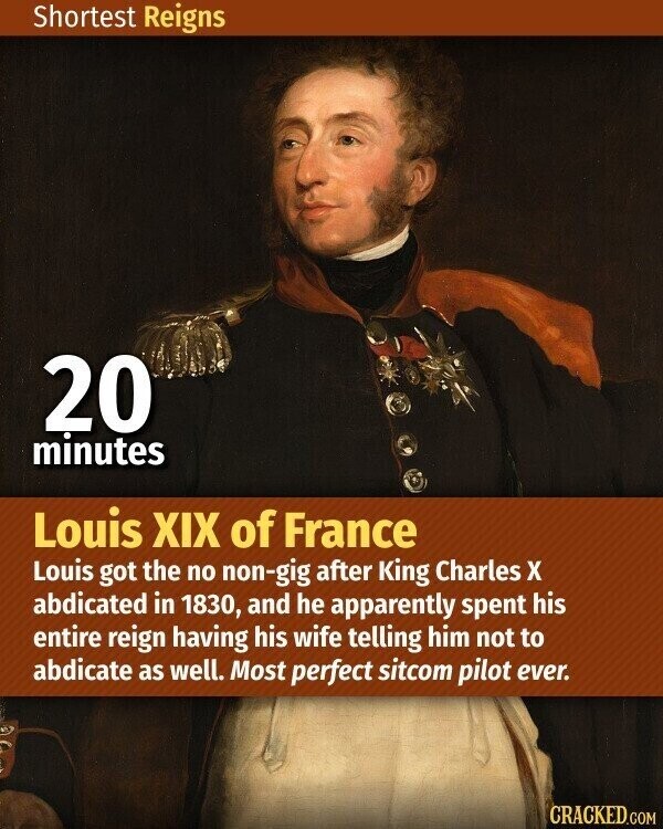 Shortest Reigns 20 minutes Louis XIX of France Louis got the no non-gig after King Charles X abdicated in 1830, and he apparently spent his entire reign having his wife telling him not to abdicate as well. Most perfect sitcom pilot ever. CRACKED.COM