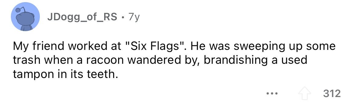 JDogg_of_RS . . 7y My friend worked at Six Flags. Не was sweeping up some trash when a racoon wandered by, brandishing a used tampon in its teeth. ... 312