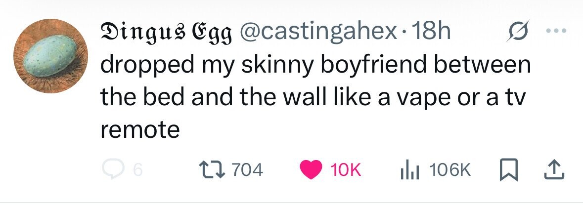 Dingus Egg @castingahex-1- 18h dropped my skinny boyfriend between the bed and the wall like a vape or a tv remote 6 704 10K ill 106K 