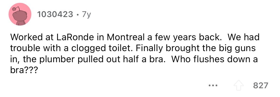 1030423 . 7y Worked at LaRonde in Montreal a few years back. We had trouble with a clogged toilet. Finally brought the big guns in, the plumber pulled out half a bra. Who flushes down a bra??? ... 827