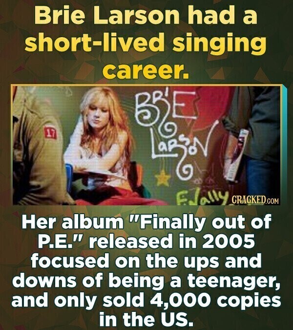 Brie Larson had a short-lived singing career. 17 BRE LONGON Edally CRACKED.COM Her album Finally out of P.E. released in 2005 focused on the ups and downs of being a teenager, and only sold 4,000 copies in the US.