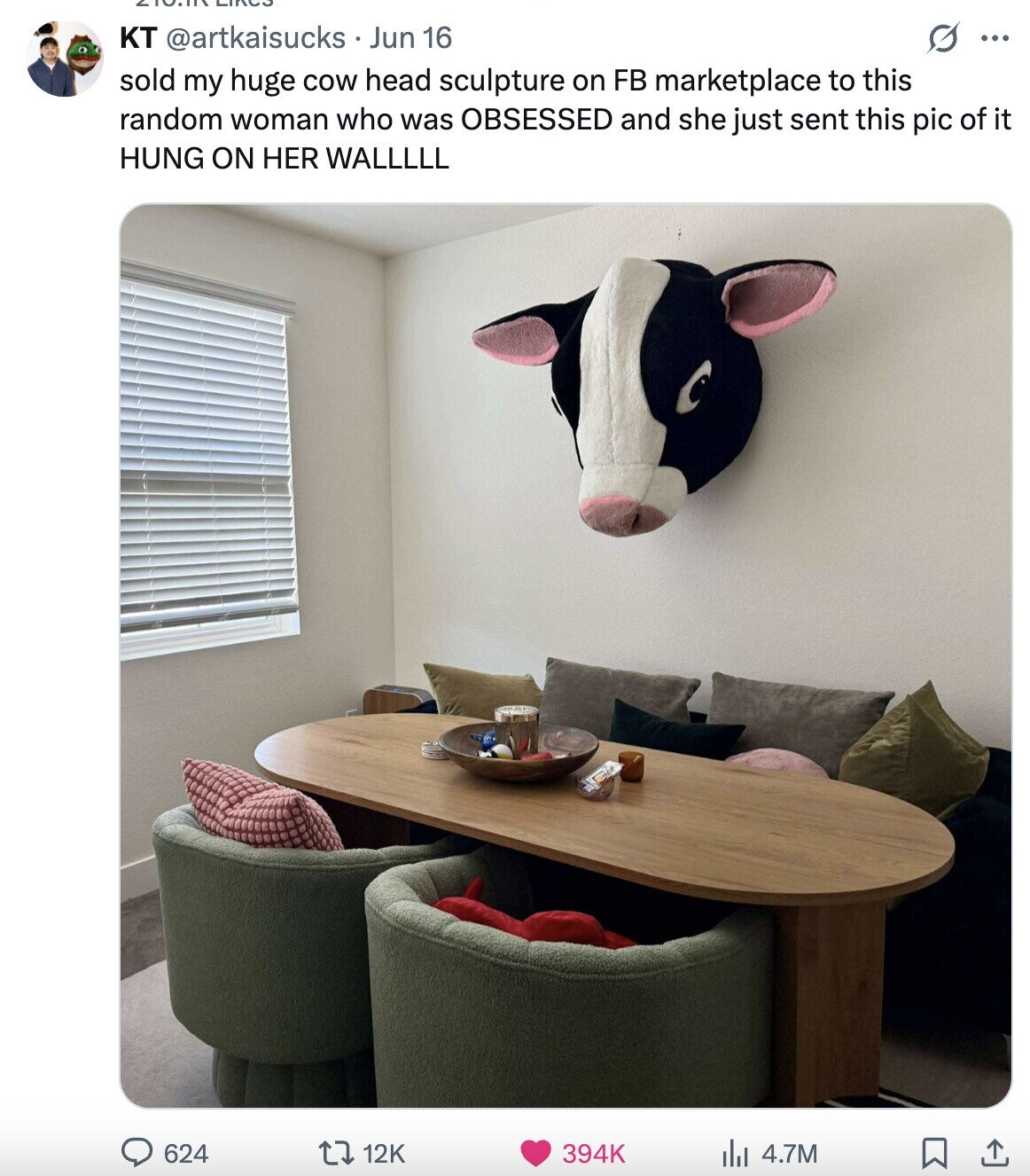 KT @artkaisucks. Jun 16 G ... sold my huge cow head sculpture on FB marketplace to this random woman who was OBSESSED and she just sent this pic of it HUNG ON HER WALLLLL 624 12K 394K 4.7M