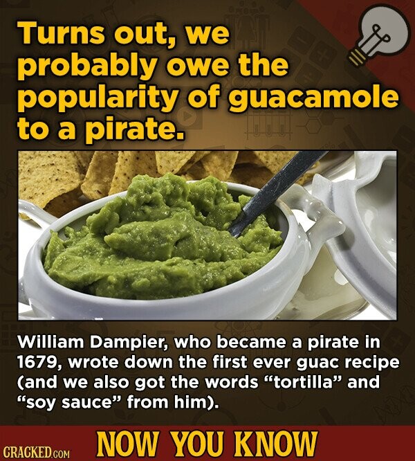 Turns out, we probably owe the popularity of guacamole to a pirate. William Dampier, who became a pirate in 1679, wrote down the first ever guac recipe (and We also got the words tortilla and soy sauce from him). NOW YOU KNOW CRACKED.COM