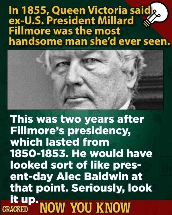 In 1855, Queen Victoria said ex-U.S. President Millard Fillmore was the most handsome man she'd ever seen. This was two years after Fillmore's presidency, which lasted from 1850-1853. Не would have looked sort of like pres- ent-day Alec Baldwin at that point. Seriously, look it up. CRACKED NOW YOU KNOW