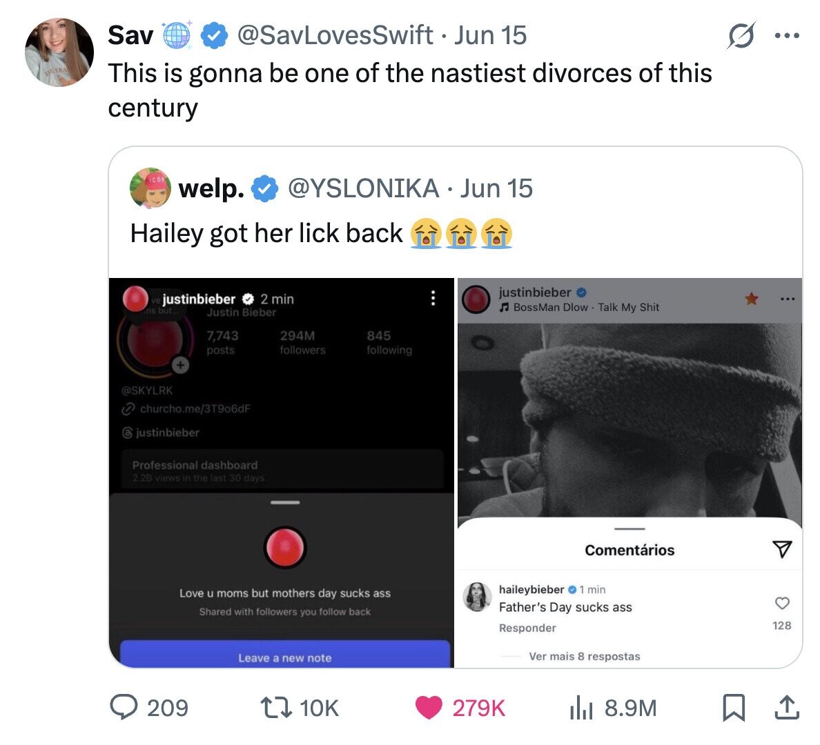 Sav @SavLovesSwift Jun 15 ... QUERA This is gonna be one of the nastiest divorces of this century ICON @YSLONIKA Jun 15 welp. Hailey got her lick back justinbieber ve justinbieber 2 min Л BossMan Dlow . Talk My Shit ns but Justin Bieber 7,743 294M 845 followers following posts + @SKYLRK churcho.me/3T9o6dF e justinbieber Professional dashboard 2.2B views in the last 30 days. Comentários haileybieber 1 min Love u moms but mothers day sucks ass Father's Day sucks ass Shared with followers you follow back 128 Responder Ver mais 8 respostas Leave a new note 209 10K 279K 8.9M
