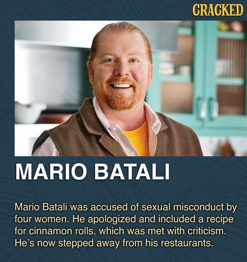 CRACKED MARIO BATALI Mario Batali was accused of sexual misconduct by four women. Не apologized and included a recipe for cinnamon rolls, which was met with criticism. He's now stepped away from his restaurants.